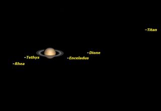 Saturn is high in the western sky at just after sunset, and sets around midnight.