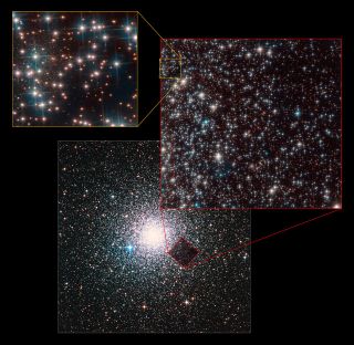 This composite image shows the location of the accidentally discovered dwarf galaxy Bedin 1 behind the globular cluster NGC 6752. The lower image, depicting the complete cluster, is a ground-based observation from the Digitized Sky Survey 2. The upper right image shows the full field of view of the Hubble Space Telescope. The upper left one highlights the part containing the galaxy Bedin 1.