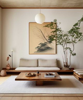 Japandi style living room with wooden accesnts, a neutral color palette and greenery