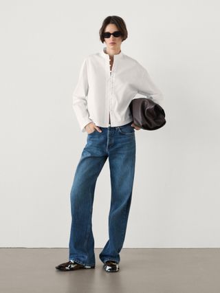 Button-Up Poplin Shirt With Stand Collar