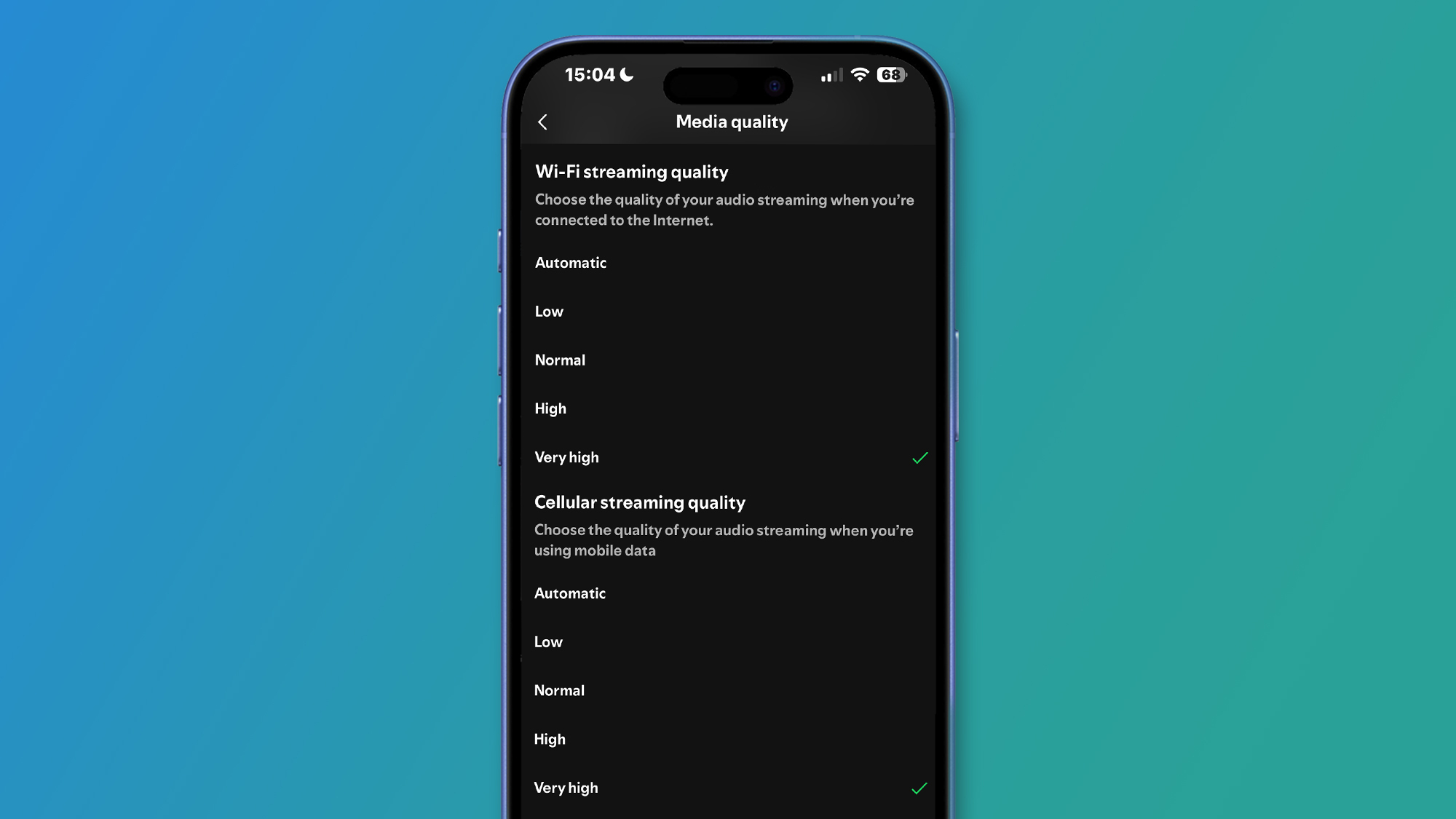 A screenshot of the audio quality settings in the Spotify app