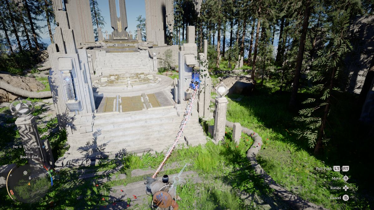 Crimson Desert Root's End: Kliff using Axiom Force on a crystal in a garden, next to stairs.