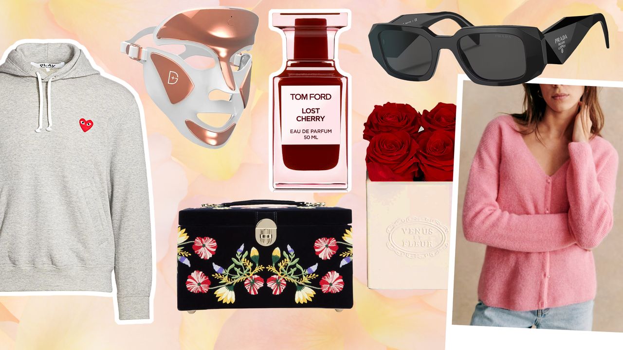 Collage of Comme des Garçons hoodie, dr. dennis gross led mask, sezane cardigan, venus et fleur roses, tom ford perfume, prada sunglasses and wolf jewelry box overlaid orange and pink gradient background