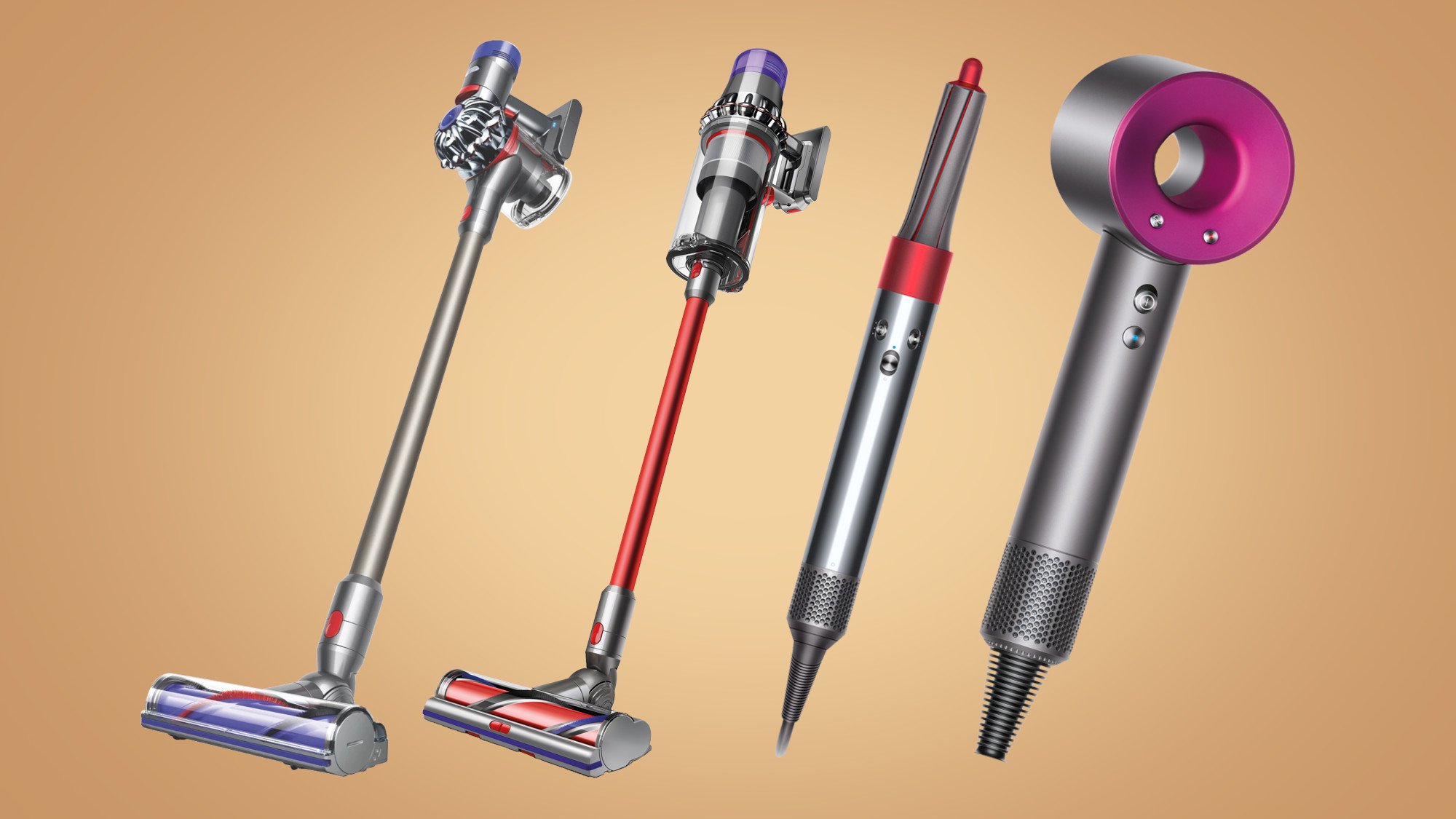 Two Dyson vacuum cleaners and two Dyson hair stylers on a gold gradient background