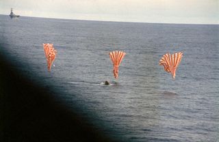 After the troublesome six-day mission, the Apollo 13 command module splashed down in the South Pacific Ocean, near Samoa, on April 17, 1970, safely delivering astronauts Jim Lovell, Jack Swigert and Fred Haise back to Earth.