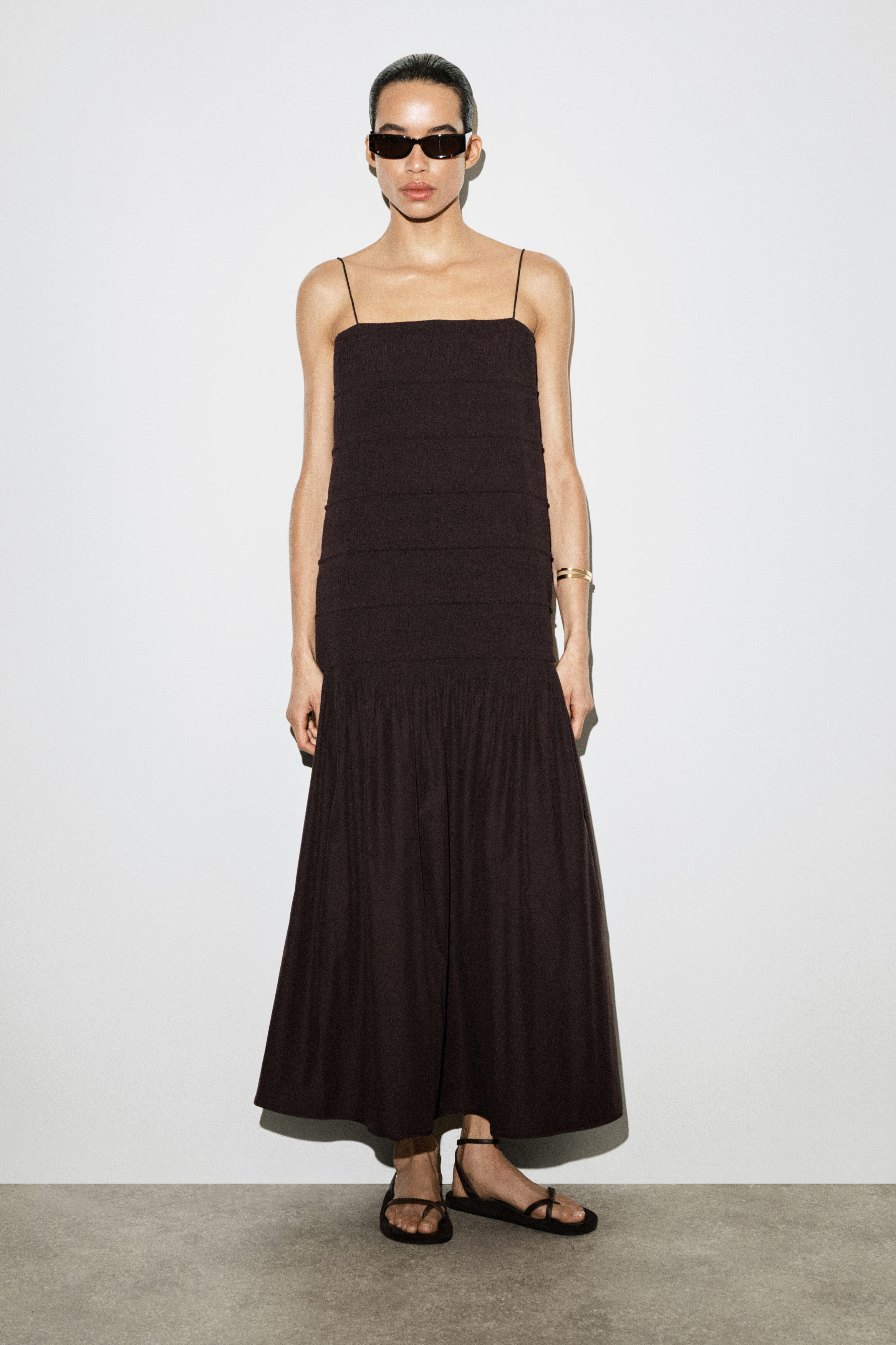 Ruched Dropped-Waist Poplin Midi Dress