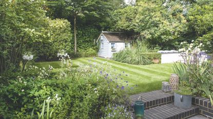 Luscious garden surrounded by trees and plants, with a striped lawn in the centre