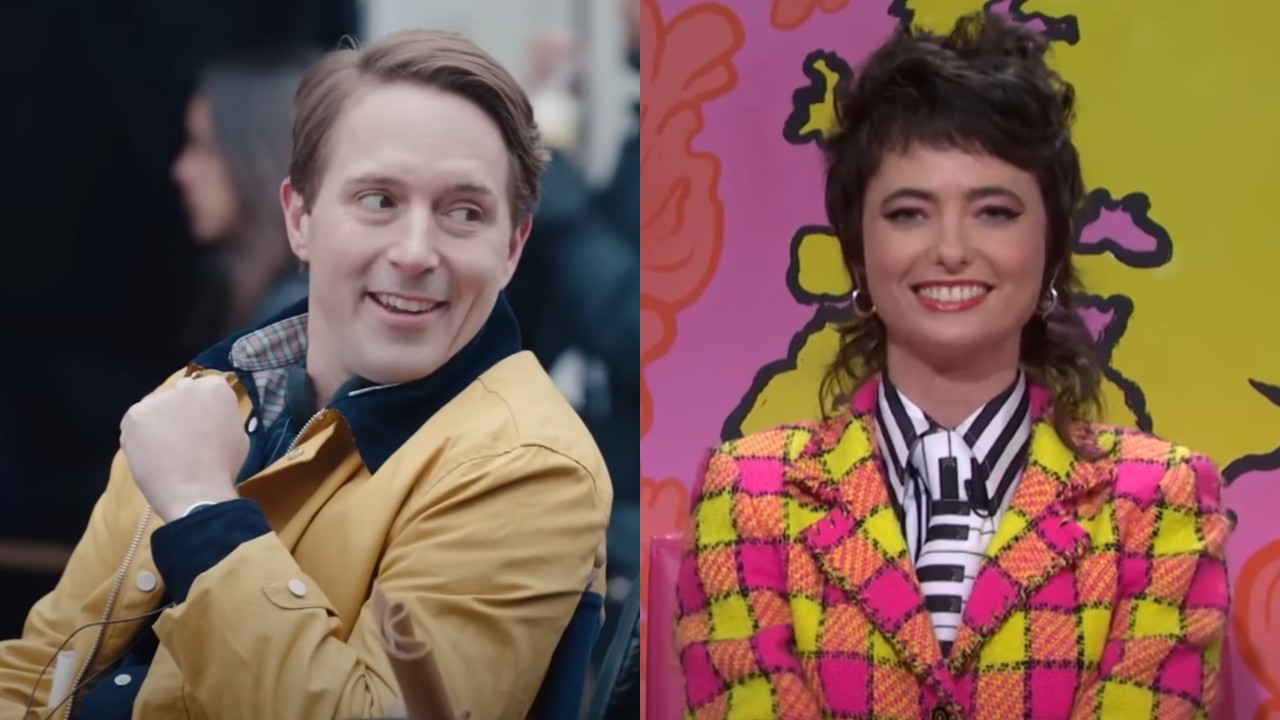 From left to right: Beck Bennett on SNL leaning to his right and smiling with his right hand in a fist and Sarah Sherman on Weekend Update smiling. 