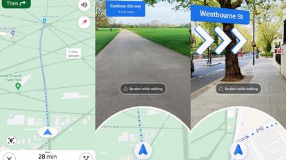 Google Maps AR Live View directions screengrabs showing feature in action