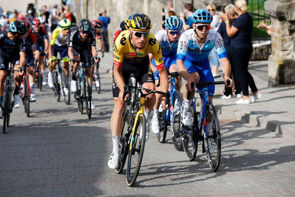 PRZEMYSL POLAND AUGUST 01 LR Mike Teunissen of Netherlands and Team Jumbo Visma and Kaden Groves of Australia and Team BikeExchange Jayco attack during the 79th Tour de Pologne 2022 Stage 3 a 2379km stage from Kranik to Przemyl TdP22 WorldTour on August 01 2022 in Przemysl Poland Photo by Bas CzerwinskiGetty Images