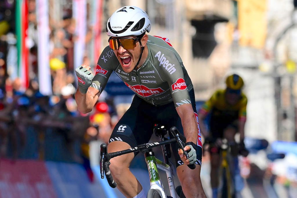 GENOA, ITALY - MAY 19: (L-R) Stefano Oldani of Italy and Team Alpecin - Fenix celebrates winning during the 105th Giro d'Italia 2022, Stage 12 a 204km stage from Parma to Genova / #Giro / #WorldTour / on May 19, 2022 in Genoa, Italy. (Photo by Tim de Waele/Getty Images)