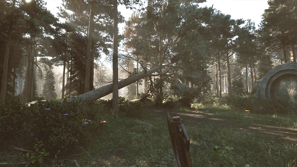 Among The Trolls by Avantgarden Games; a hand holding an axe is seen in a forest, with sunlight filtering through the trees
