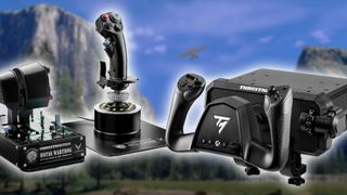 Thrustmaster branded flight sticks and yoke renders in front of a blue-skied screenshot of Microsoft Flight Simulator