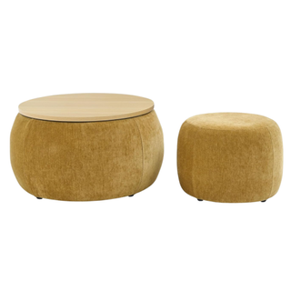 A set of two dark yellow chenille round ottomans