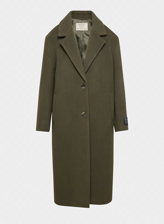 A long olive green cashmere coat with two buttons