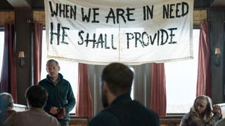 David (Scott Shepherd) preaches to his survivors in The Last Of Us episode 8