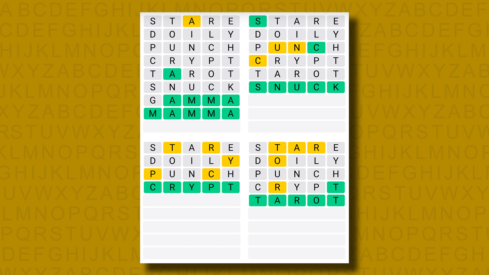 Quordle answers for game 1041 on a yellow background