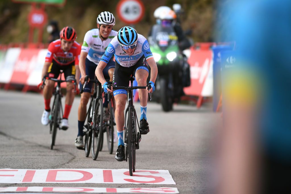 ALTO DE LA FARRAPONA LAGOS DE SOMIEDO SPAIN OCTOBER 31 Arrival Daniel Martin of Ireland and Team Israel StartUp Nation Enric Mas Nicolau of Spain and Movistar Team White Best Young Rider Jersey Primoz Roglic of Slovenia and Team Jumbo Visma Red Leader Jersey during the 75th Tour of Spain 2020 Stage 11 a 170km stage from Villaviciosa to Alto de La Farrapona Lagos de Somiedo 1708m lavuelta LaVuelta20 La Vuelta on October 31 2020 in Alto de La Farrapona Lagos de Somiedo Spain Photo by David RamosGetty Images