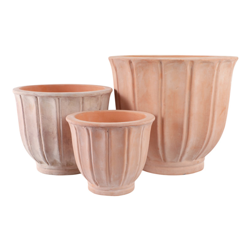August Grove® Set of 3 Pottery Clay Planters With Ribbed Detailing - Durable Handcrafted Construction Planter Pots for Outdoor or Indoor Display & Reviews | Wayfair