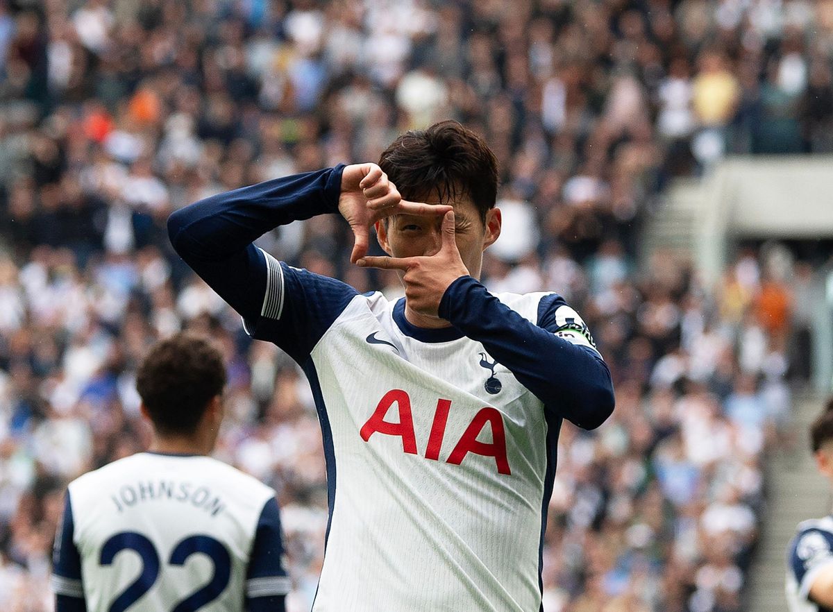 Son Heung-min celebrates with his trademark &#039;camera&#039; celebration after scoring for Tottenham Hotspur against Leicester City, 2024