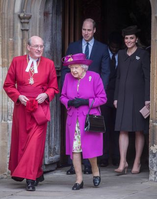 Queen Elizabeth II leaves the Easter Sunday service at St George's Chapel, Windsor Castle, followed by Prince William and Kate