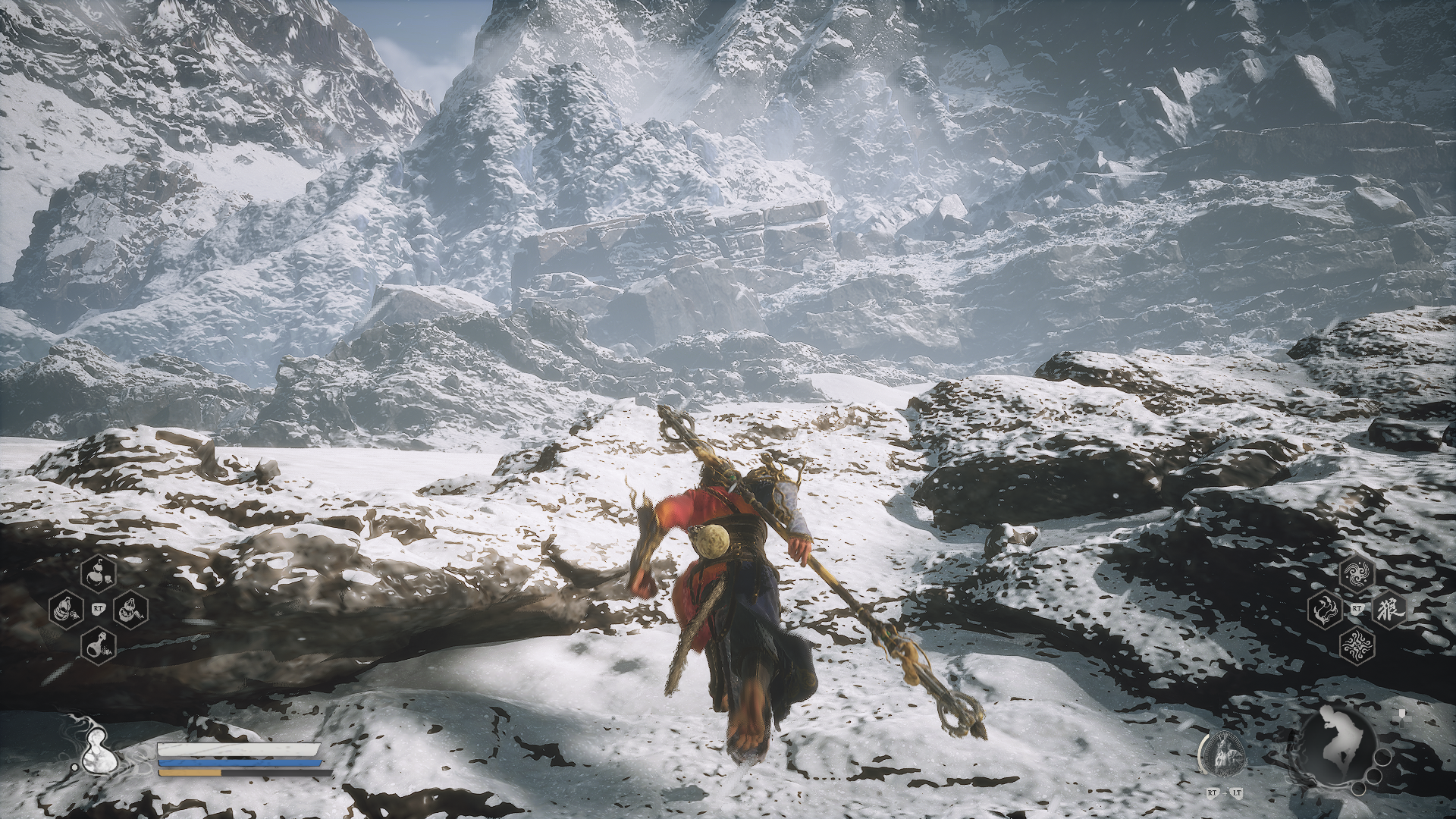 Wukong runs into an invisible wall on a snow-capped mountain in Black Myth: Wukong.