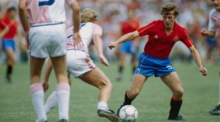 Emilio Butragueno of Spain in action against Denmark at the 1986 FIFA World Cup
