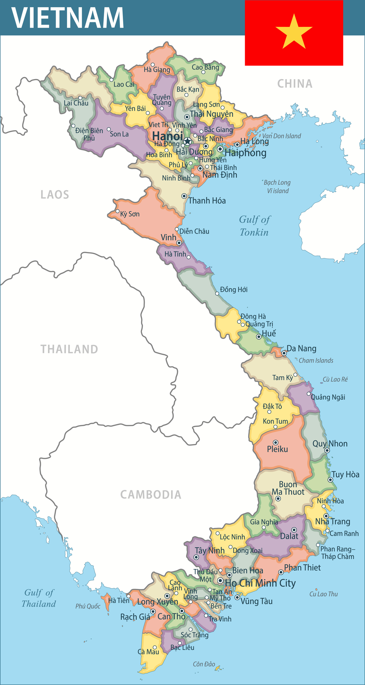 A detailed map of Vietnam, showing its relation to China, Laos, Thailand and Cambodia.