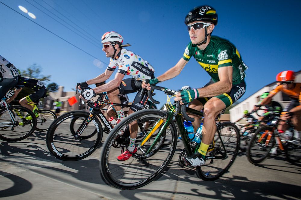 Riders take one of todays tight turns.