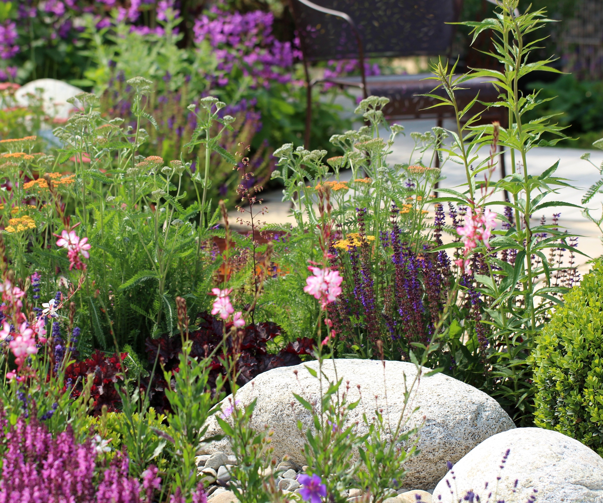 Stone boulders with late summer flowering perennials