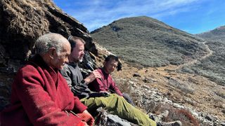 Richard Horsey (middle) recording in the Sakteng Wildlife Sanctuary alongside Brokpa nomad guide Sumba (left) and guide Pema Sonam (right).