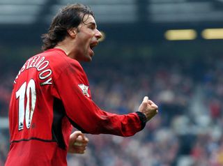 Ruud van Nistelrooy celebrates after scoring for Manchester United against Chelsea, May 2004.