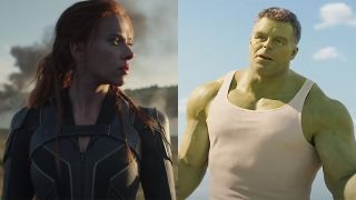 Screenshots of Scarlett Johansson in The Black Widow Movie and Mark Ruffalo in She Hulk. 