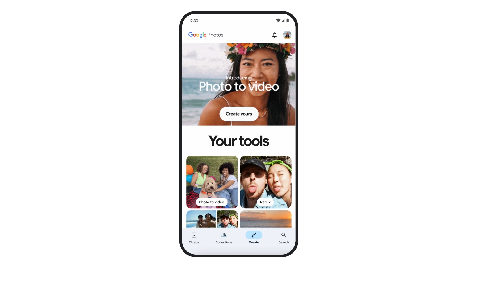 The Create tab on Google photos