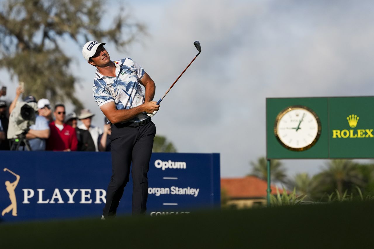 Viktor Hovland hits a tee shot on the 10th hole during the first round of The Players Championship at Stadium Course at TPC Sawgrass