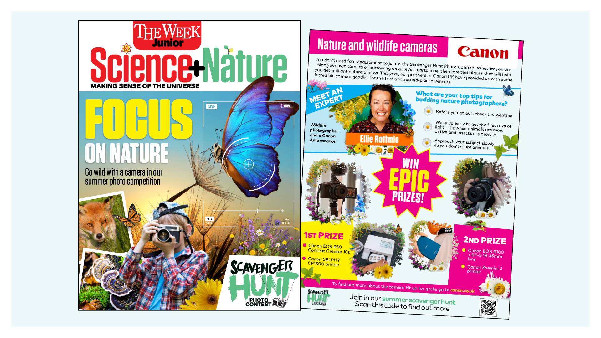 Montage of images showing the front cover and an inside page from the The Week Junior Science+Nature's Scavenger Hunt Photo Contest photography tips booklet