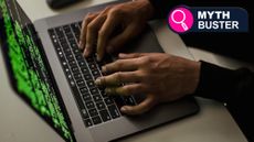 A jhacker typing on a MacBook laptop with code on the the screen.