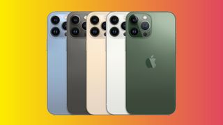 Five Apple iPhone 13 Pros in a row, on a colourful background. 