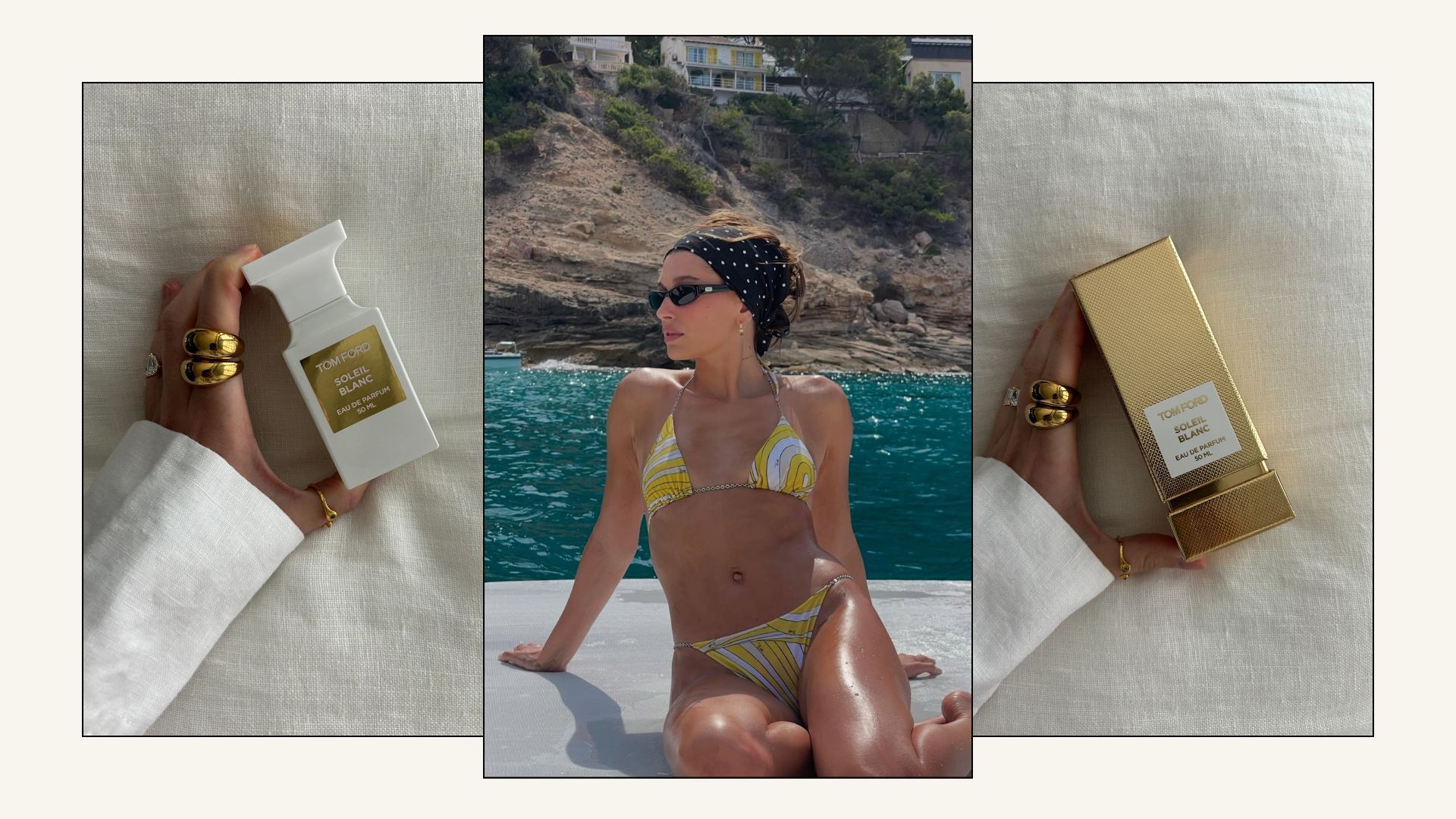 Hailey Bieber wearing a yellow bikini on a boat in the sun and junior beauty editor Grace Lindsay holding the Tom Ford Soleil Blanc perfume