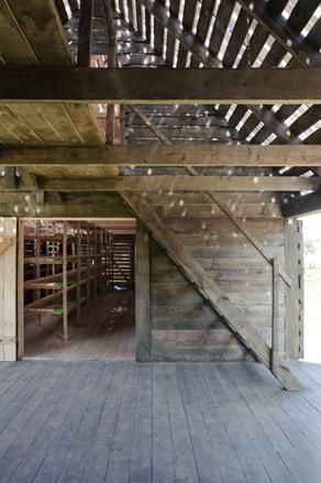 Inside a wooden pavilion