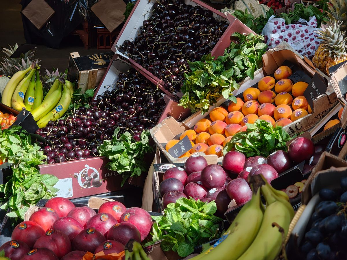 Lots of different types of fruit at a fruit market