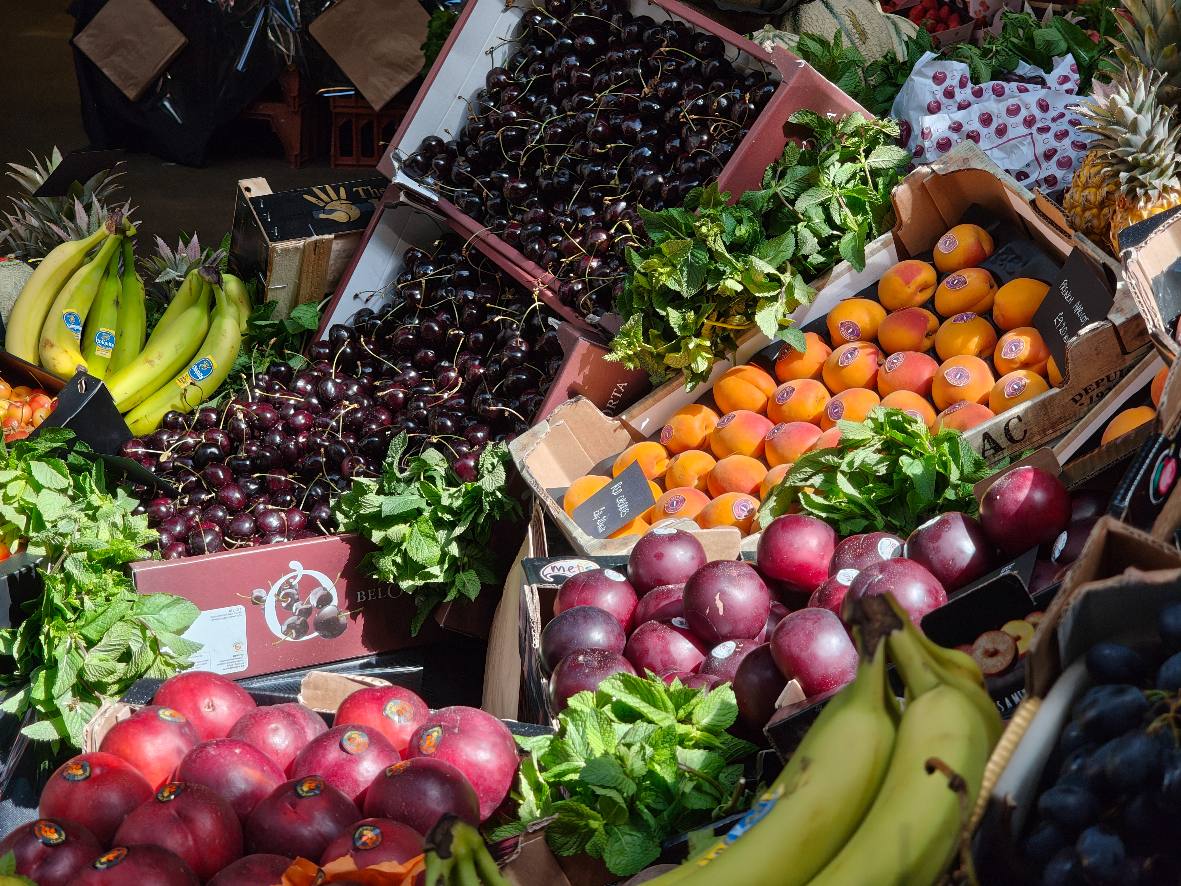 Lots of different types of fruit at a fruit market