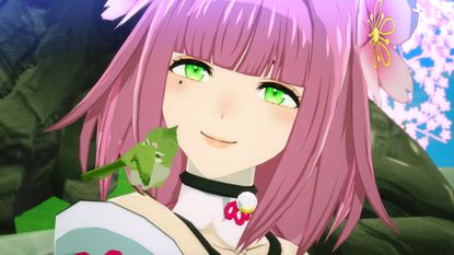 A close up of XSEED Games looking at a green bird during the RPG Rune Factory: Guardians of Azuma