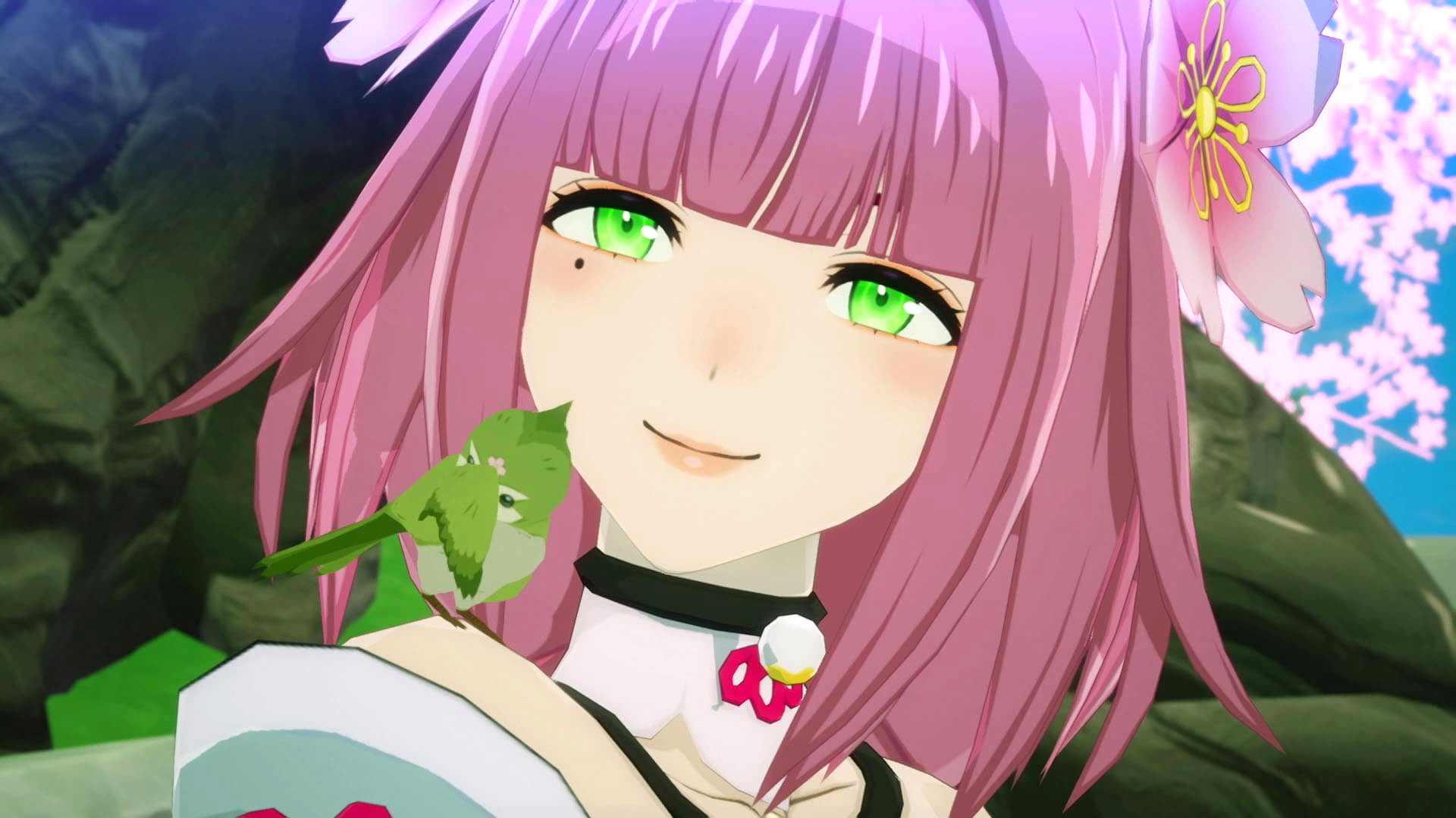 A close up of XSEED Games looking at a green bird during the RPG Rune Factory: Guardians of Azuma