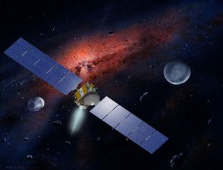 Artist's concept of NASA's Dawn spacecraft, which is closing in on the huge asteroid Vesta.
