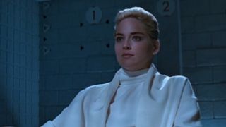 Sharon Stone in all white in the famous interrogation scene in Basic Instinct.