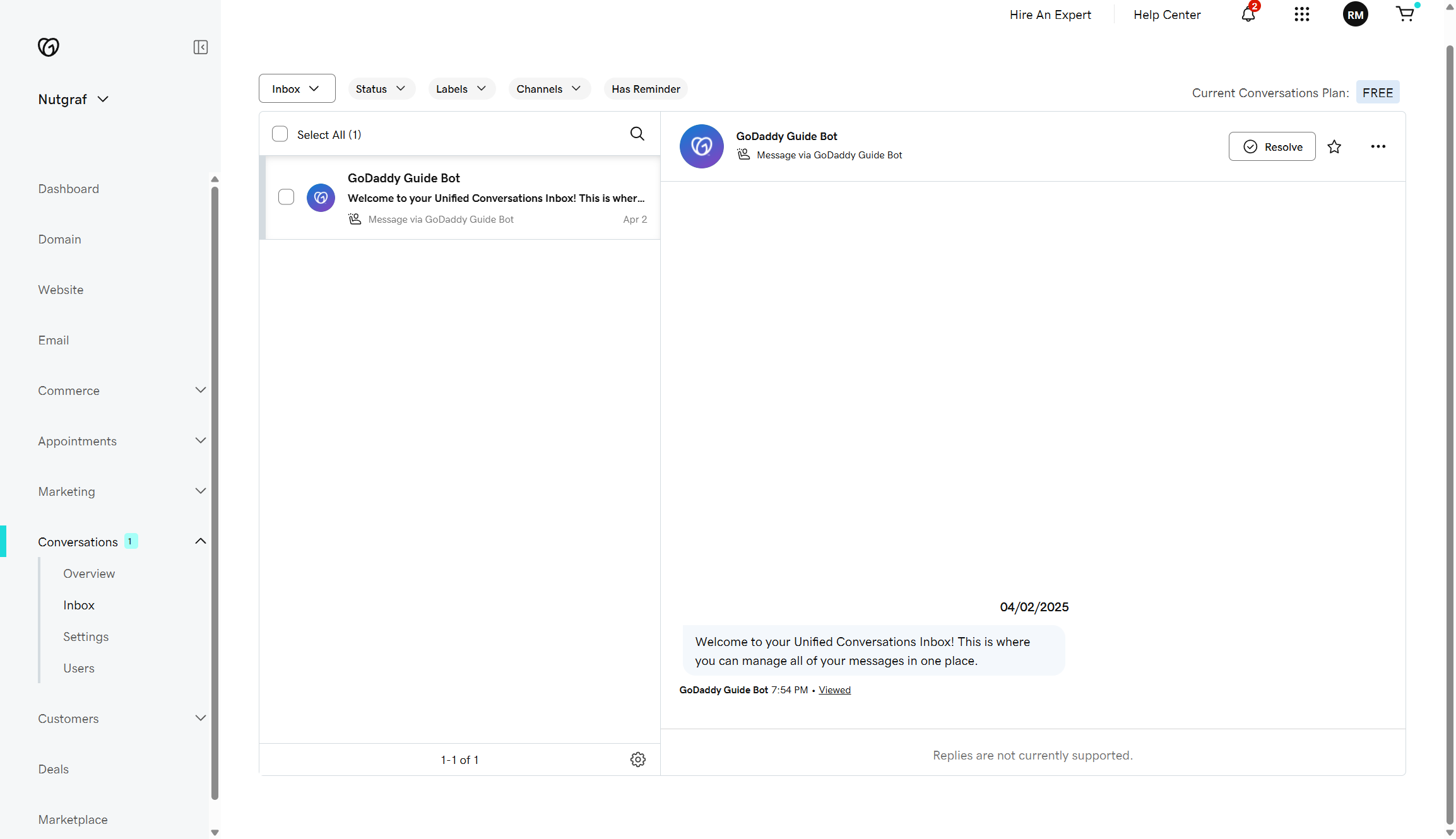 Screenshot of GoDaddy support chat box.