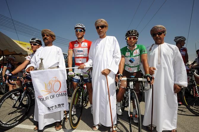 The Tour of Oman jersey holders at the front of the peloton for the start of stage 2.