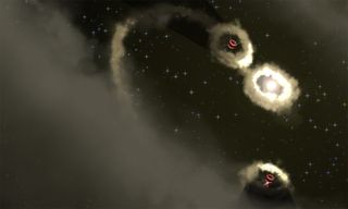 Three swirls of white smoke with red orbs at their center against a black background