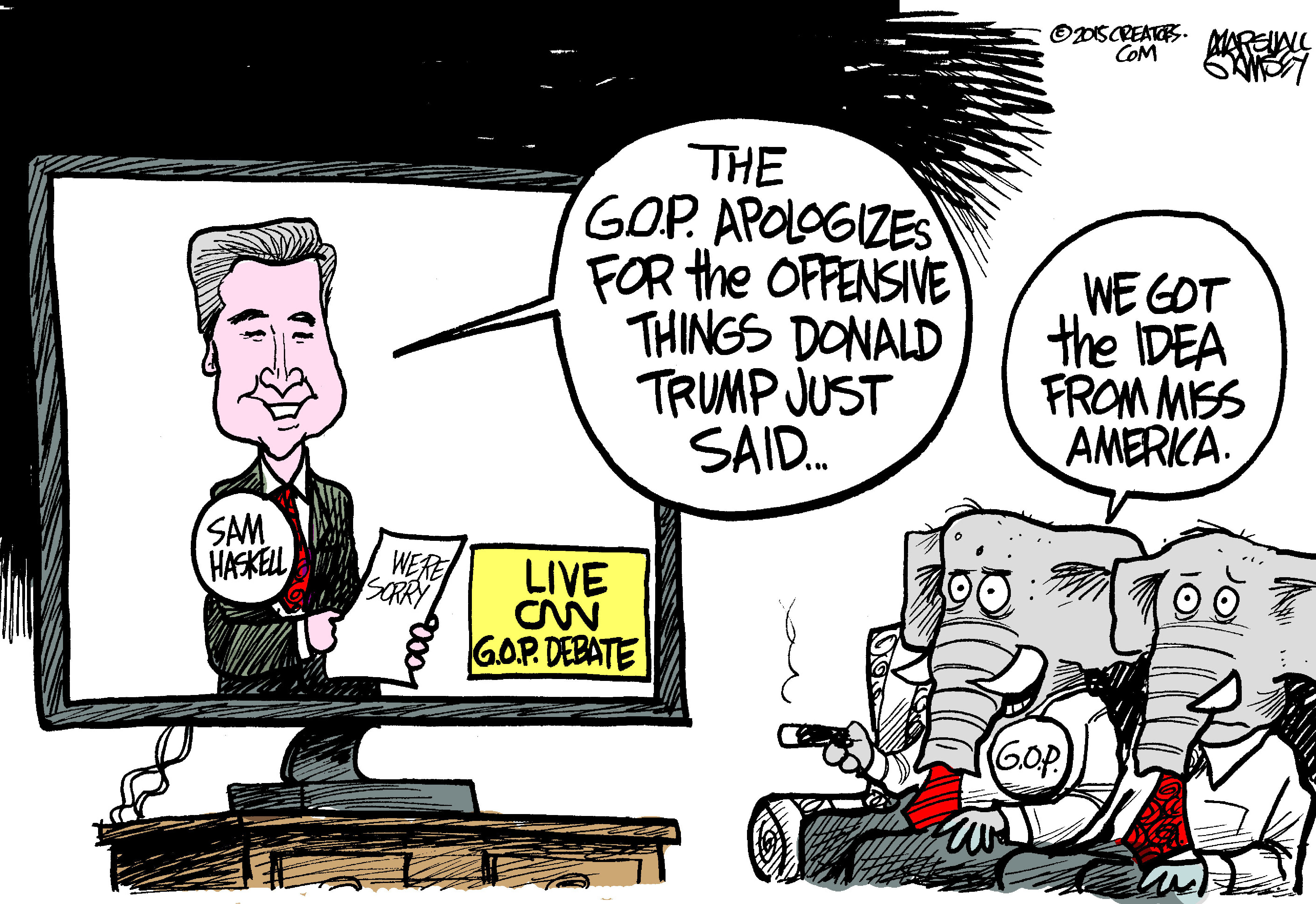 Political cartoon U.S. GOP Trump Miss America
